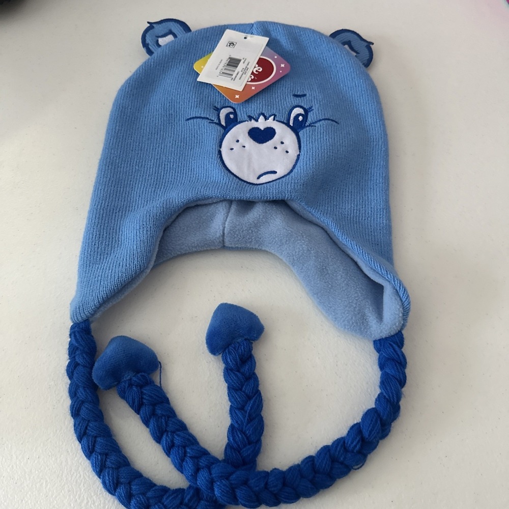 Care Bears Hat Grumpy Bear Blue Fleece Lined Heart Braided Beanie